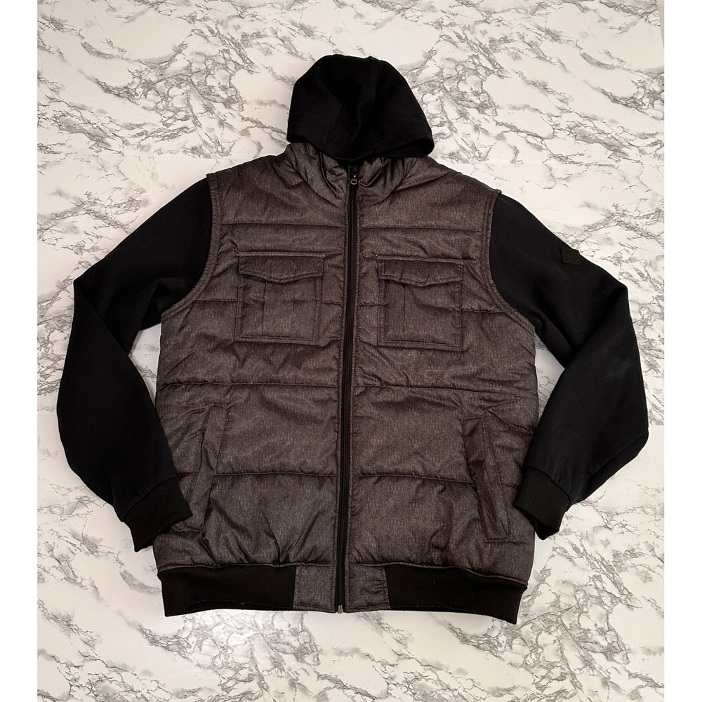Southpole Mens Quilted Puffer Jacket Fleece Hoodie Mixed Media Charcoal Black L